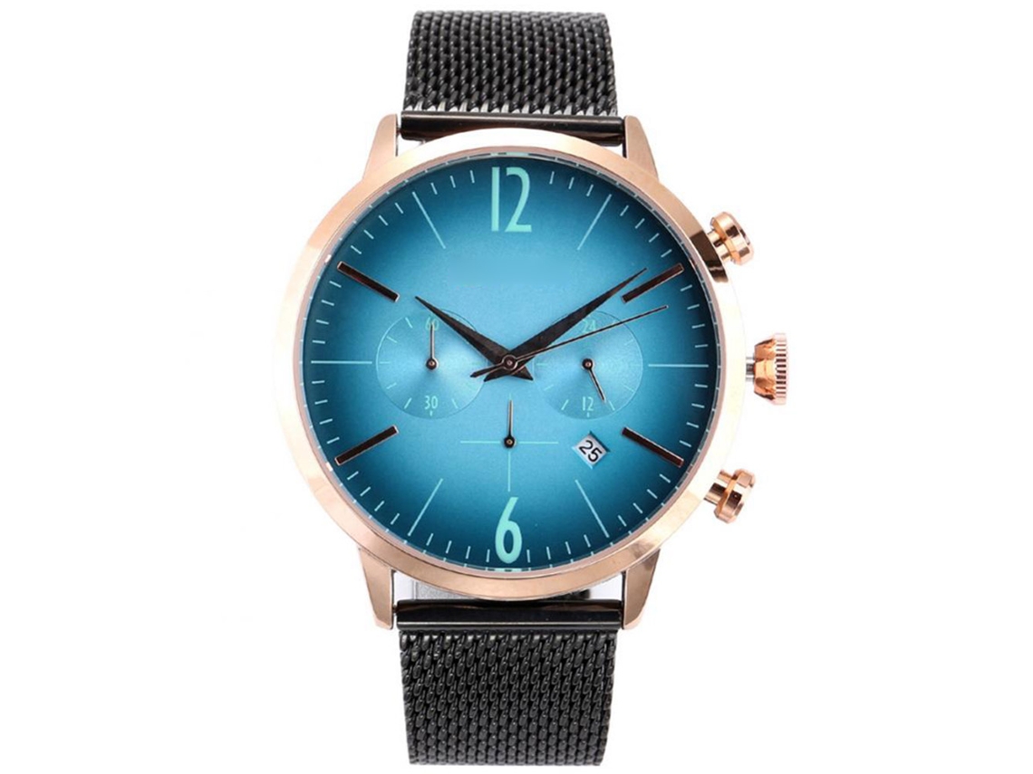 Relógio masculino de quartzo com pulseira de malha metálica, mostrador redondo preto e verde menta.