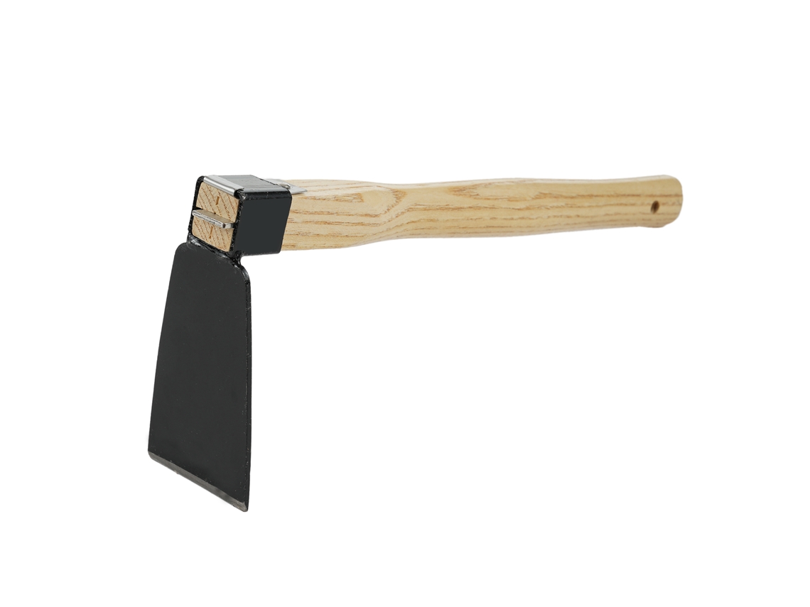 Pá pequena em forma de oito com cabo curto de madeira, ferramenta manual de jardinagem para soltar ou capinar a terra.