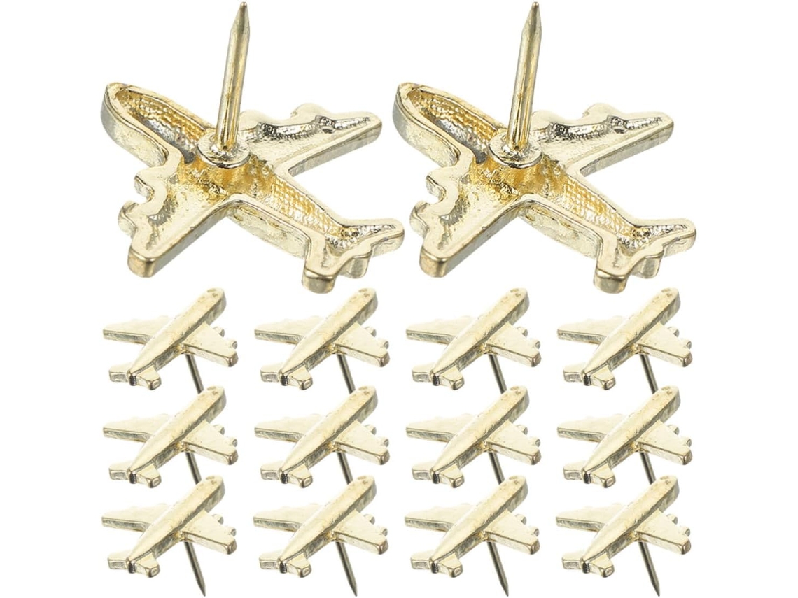 Tachinhas de Metal Dourado Bestyash em Formato Avião para Quadros Cortiça e Mapas, 24 Peças, Design Criativo e Uso