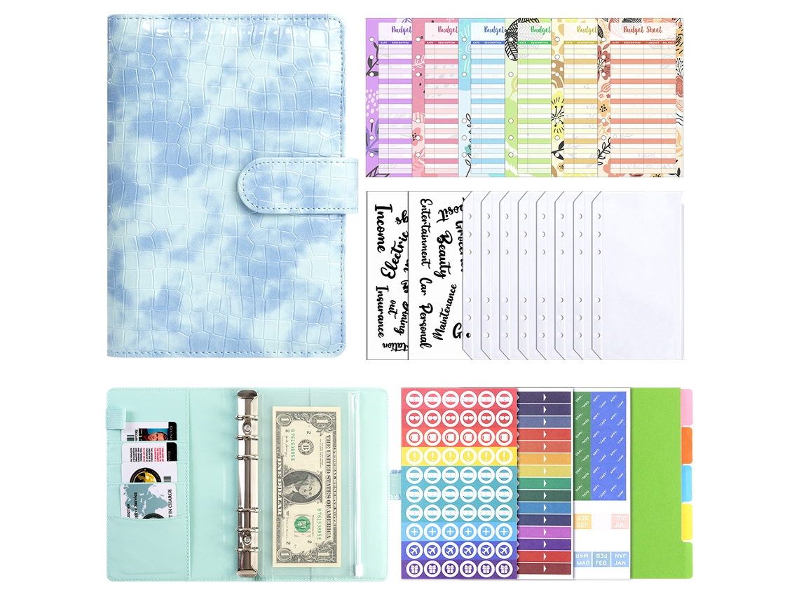 A6 Crocodile Grain Pu Leather Refillable Notebook With Zipper Pouch, Cash Budget Organizer, Blue Crocodile Grain + Cash