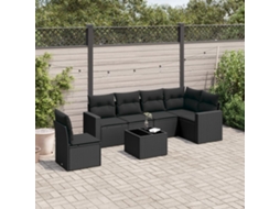 7 Pcs Conjunto De Sofás P/ Jardim C/ Almofadões Vime Pe Preto Dkd Home Decor