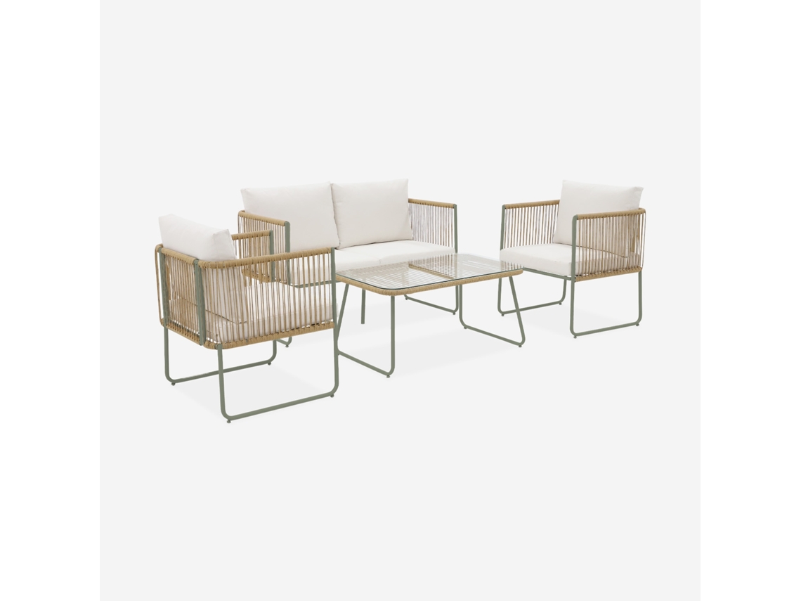 Conjunto De Jardim Com Sofá Em Corda E Aço Galvanizado, 4 Lugares, Verde Caqui E Branco