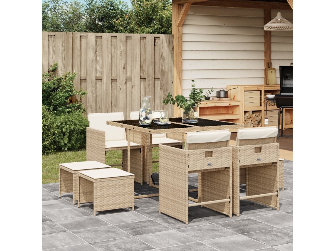 9 Pcs Conjunto De Jantar P/ Jardim Com Almofadões Vime Pe Bege Dkd Home Decor