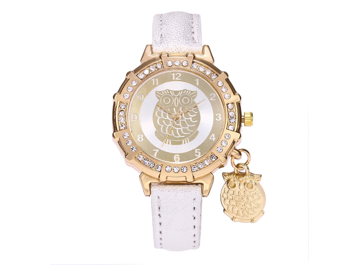 Relógio de Pulso Feminino com Pingente de Coruja e Pedras Strass de Couro Pu Branco