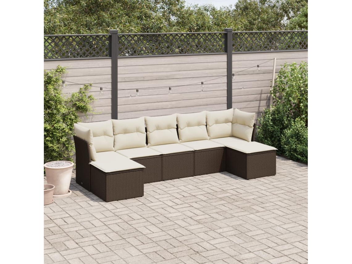 Vidaxl 7 Pcs Conjunto De Sofás Jardim C/ Almofadões Vime Pe Castanho
