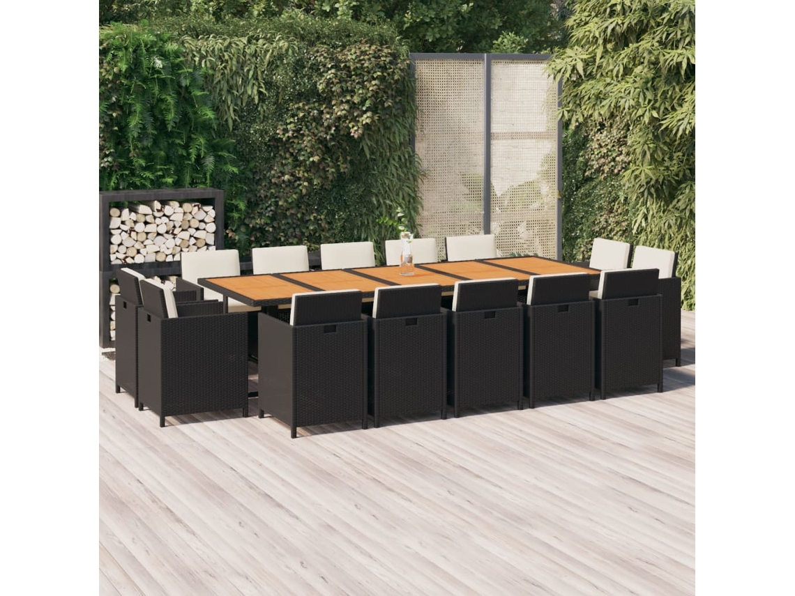 Vidaxl 15 Pcs Conjunto Jantar P/ Jardim C/ Almofadões Vime Pe Preto