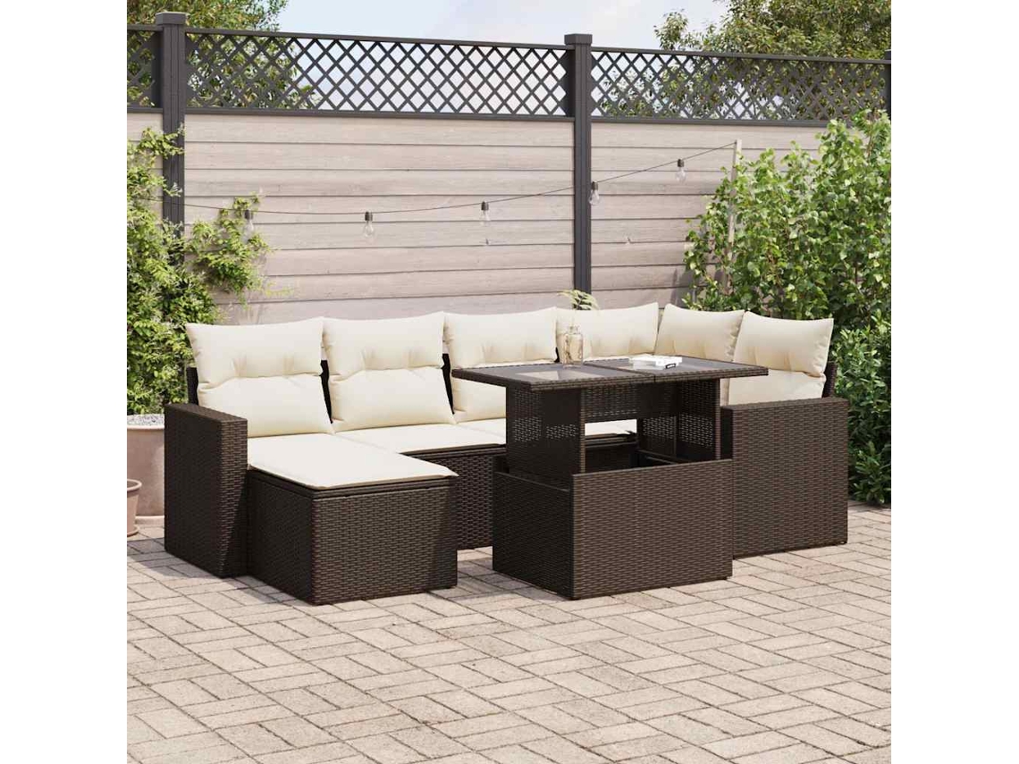 Vidaxl 7 Pcs Conjunto De Sofás Jardim C/ Almofadões Vime Pe Castanho