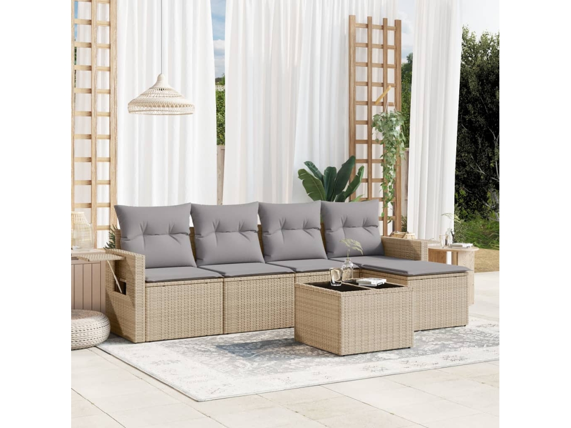 Vidaxl 6 Pcs Conjunto De Sofás P/ Jardim Com Almofadões Vime Pe Bege