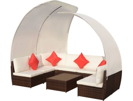 9 pcs conjunto lounge jardim c/ toldos vime PE castanho