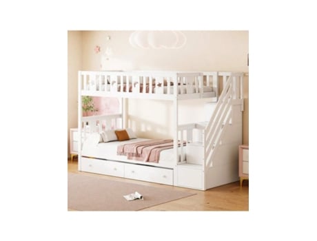 Cama Infantil 90200/90200 Cm, Beliche De Madeira Maciça Com Escada De Segurança, Escada De Armazenamento, Duas Gavetas Grandes E Estrutura De Ripas,