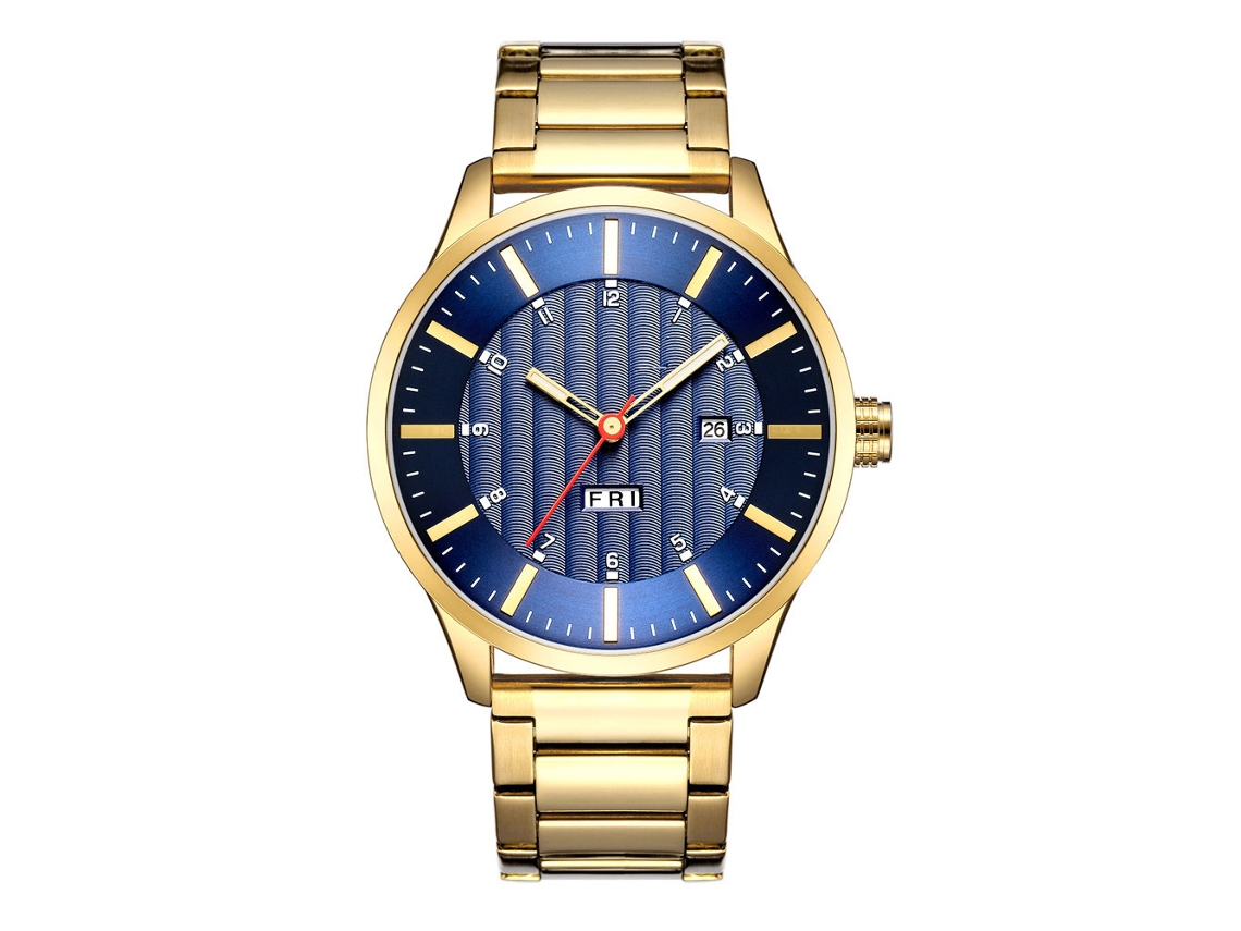 Relógio masculino redondo com pulseira de aço inoxidável, resistente à água, movimento de quartzo, azul e dourado.