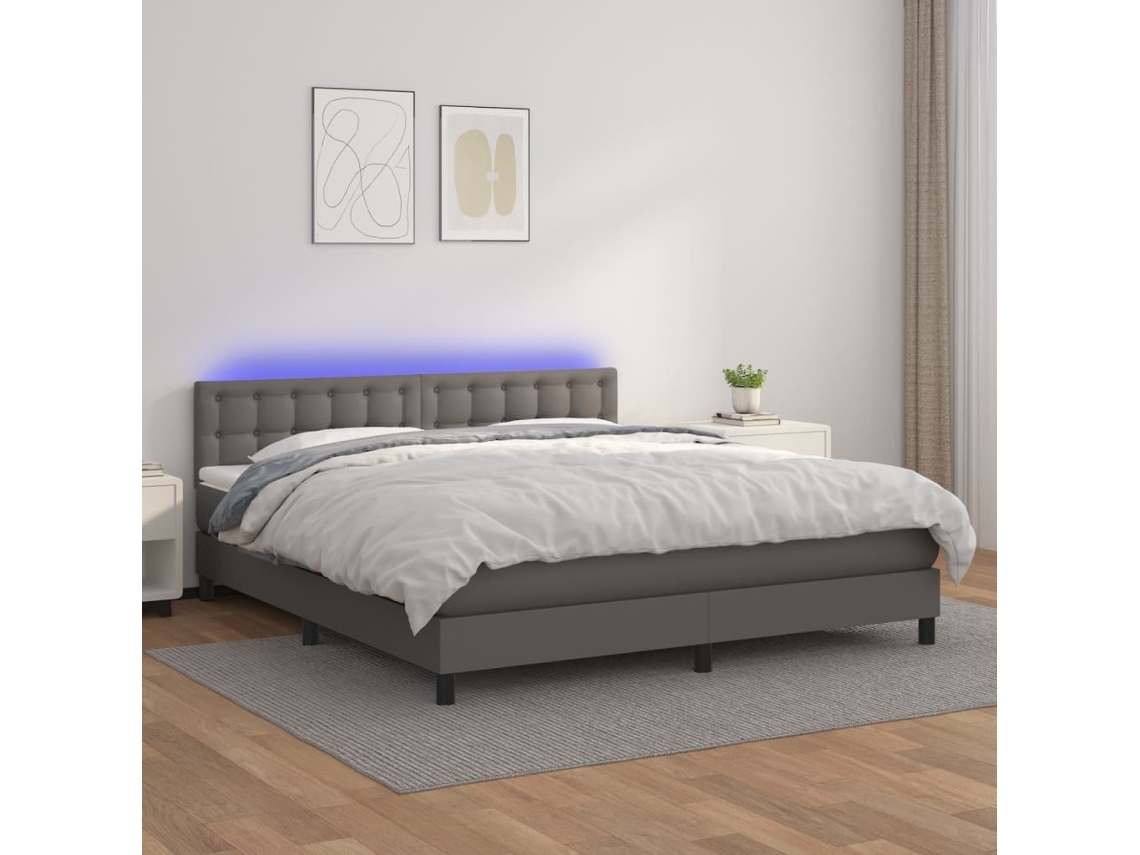 Vidaxl Cama Box Spring C/ Colchão/led 160x200cm Couro Artificial Cinza