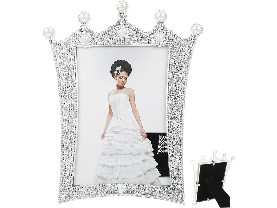 Porta Retratos Plástico Branco Coroa Pérolas Decorativa Acabamento Refinado Estilo Europeu Chique Elegante GOKOCO