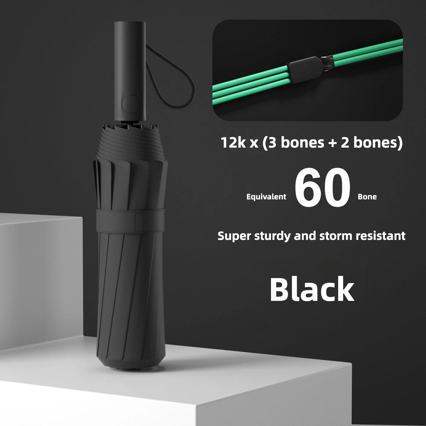 (preto 12k) Guarda-chuva Dobrável Automático À Prova De Vento, Proteção Solar Upf50+ E Proteção Uv