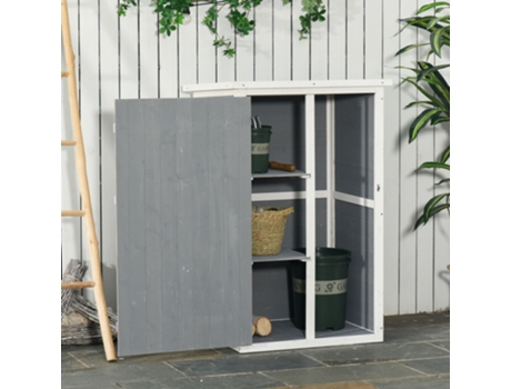 Galpão de jardim Outsunny Nestor em madeira de abeto preta, cinza e branca com prateleiras 75x56x115 cm