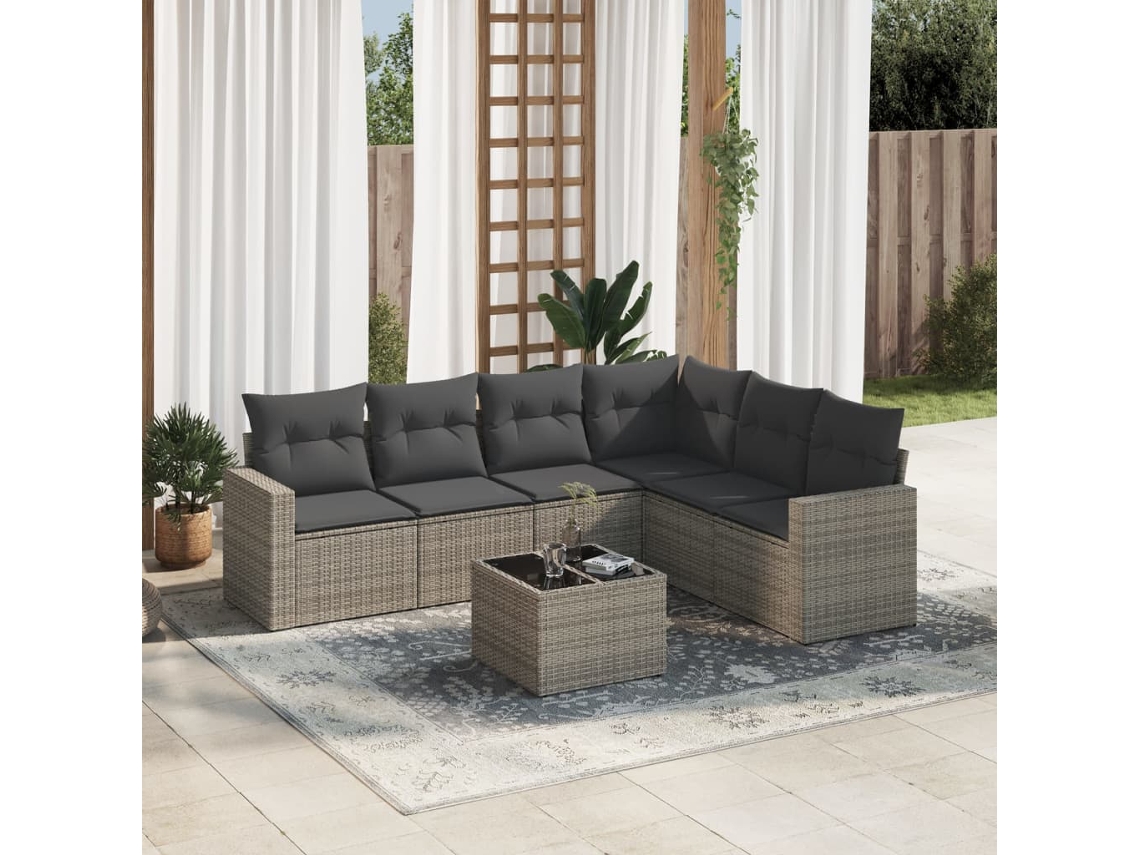 Vidaxl 7 Pcs Conjunto Sofás P/ Jardim C/ Almofadões Vime Pe Cinzento