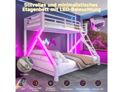 Beliche De Metal 90x200/140x200 Cm Com Iluminação Led, Grades De Segurança, Escada, Estrutura De Ferro, Branca (colchão Não Incluído)
