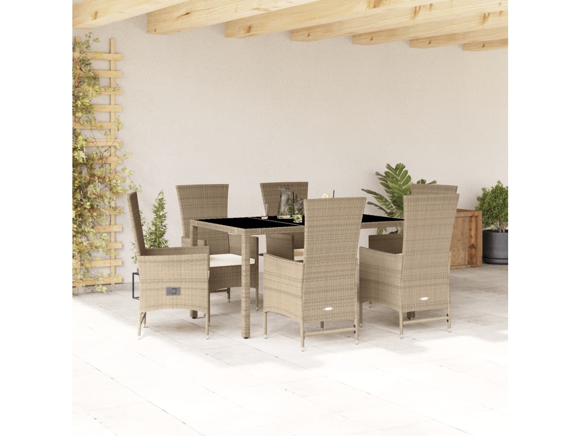 Vidaxl 7 Pcs Conjunto De Jantar P/ Jardim Com Almofadões Vime Pe Bege