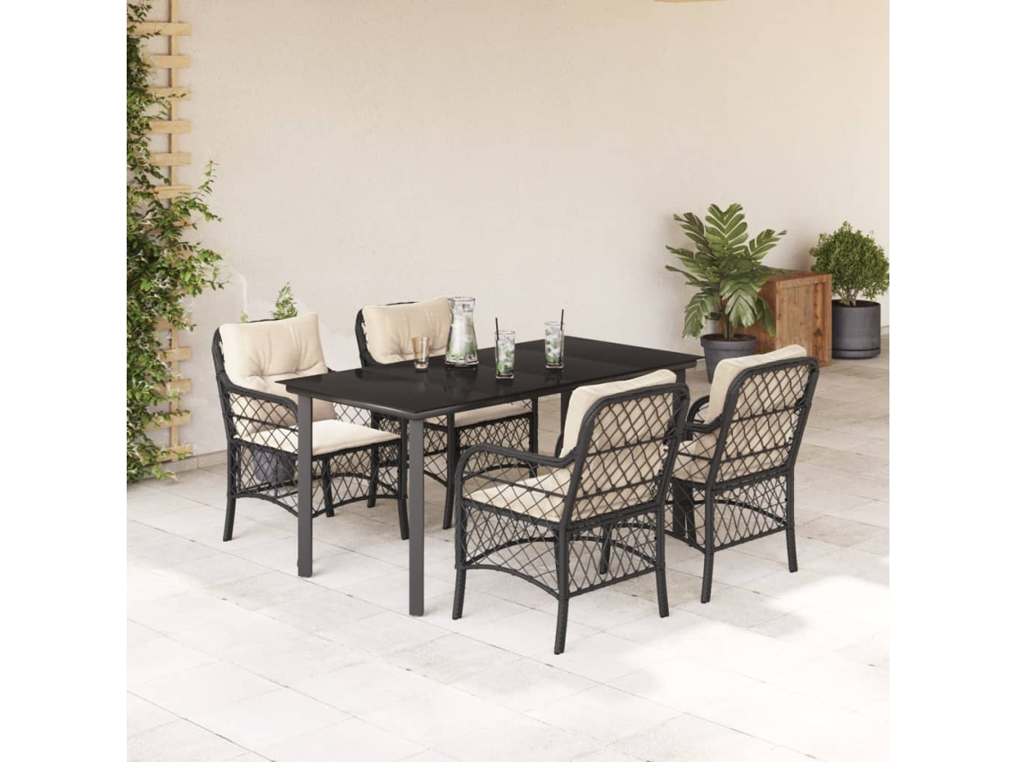 Vidaxl 5 Pcs Conjunto De Jantar P/ Jardim C/ Almofadões Vime Pe Preto