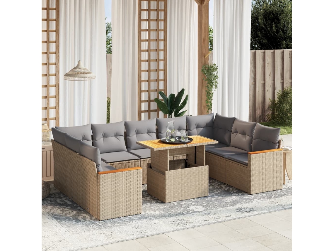 10 Pcs Conjunto De Sofás P/ Jardim Com Almofadões Vime Pe Bege Dkd Home Decor