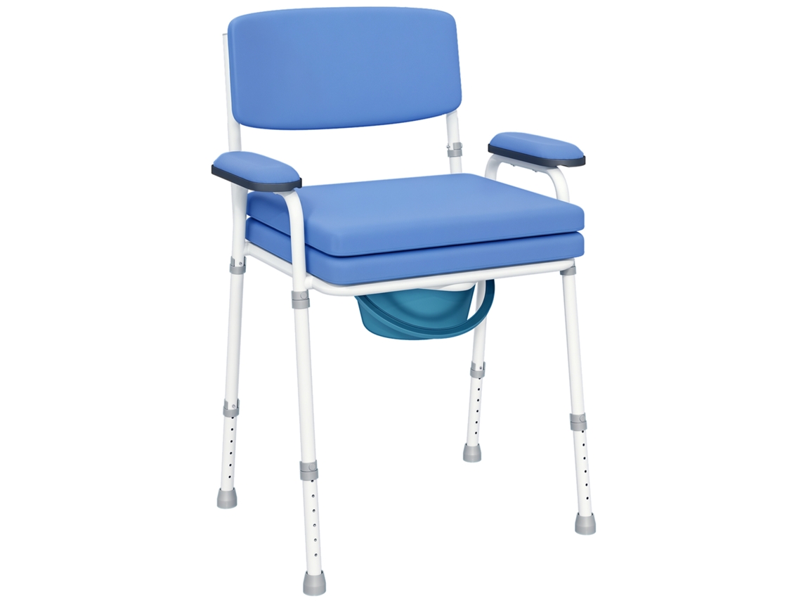 Cadeira Sanitária Multifuncional com Balde Removível, Altura Ajustável, Assento e Apoios de Braço Acolchoados, Azul.