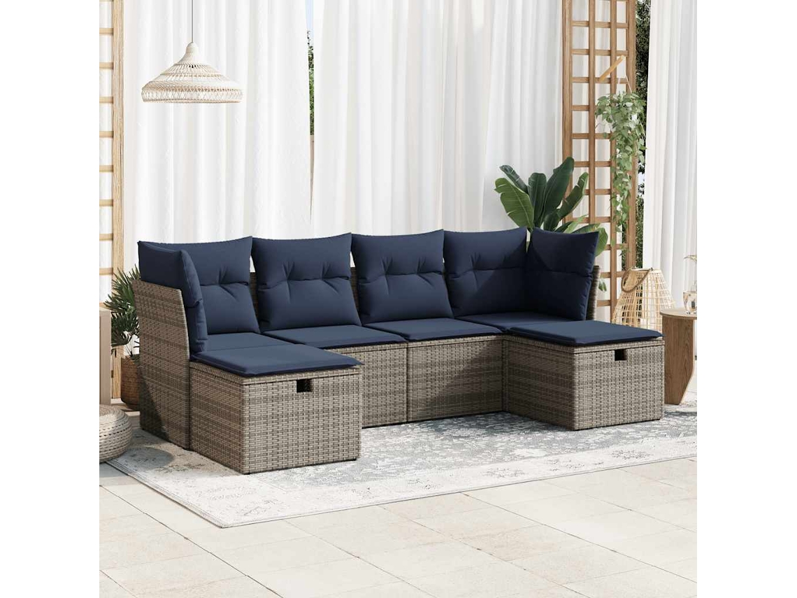 Vidaxl 6 Pcs Conjunto Sofás De Jardim Com Almofadões Vime Cinzento