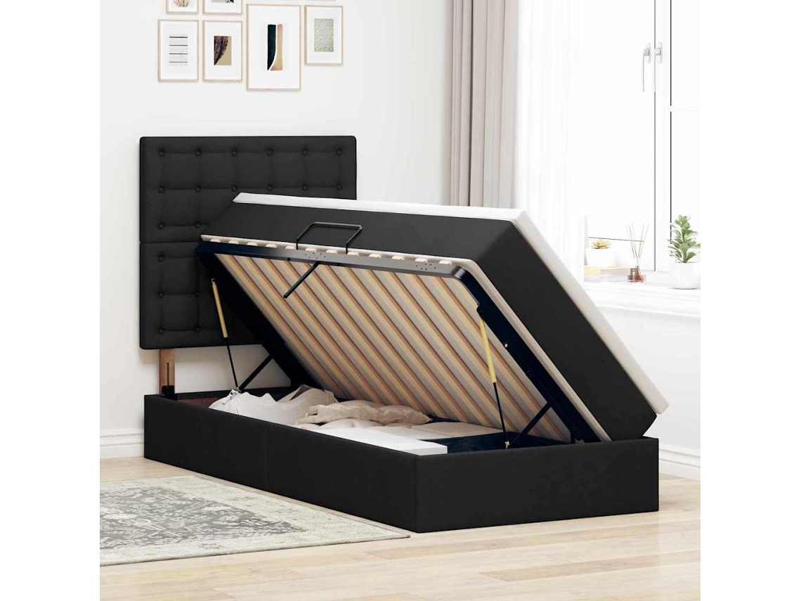 Vidaxl Cama de Armazenamento Led com Colchão Preto 90 X 200 Cm Tecido