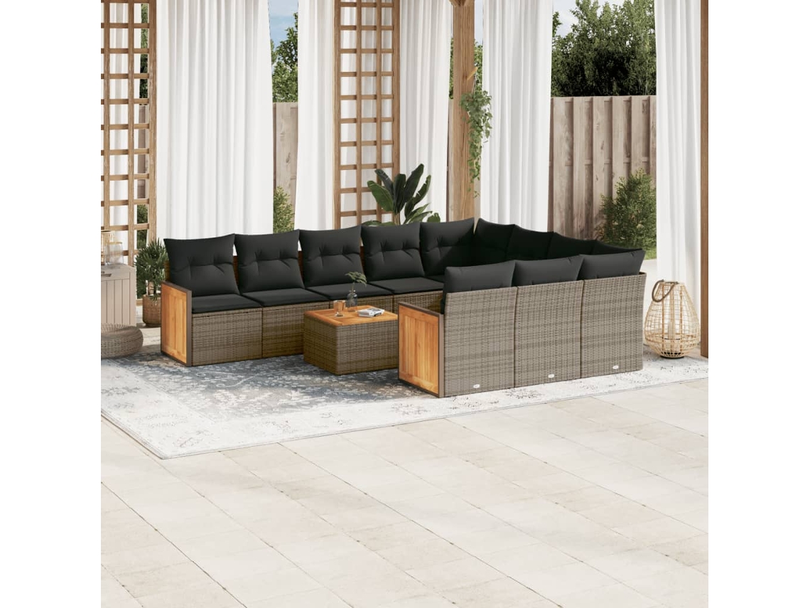 Vidaxl 11 Pcs Conjunto Sofás de Jardim C/ Almofadões Vime Pe Cinzento