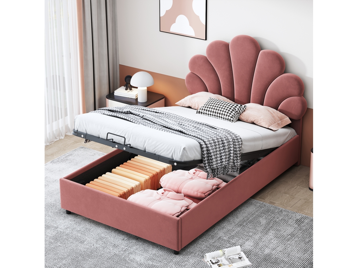 Leito 90x200 Infantil Tecido Rosa Compartimento Floral VOLTEDGE