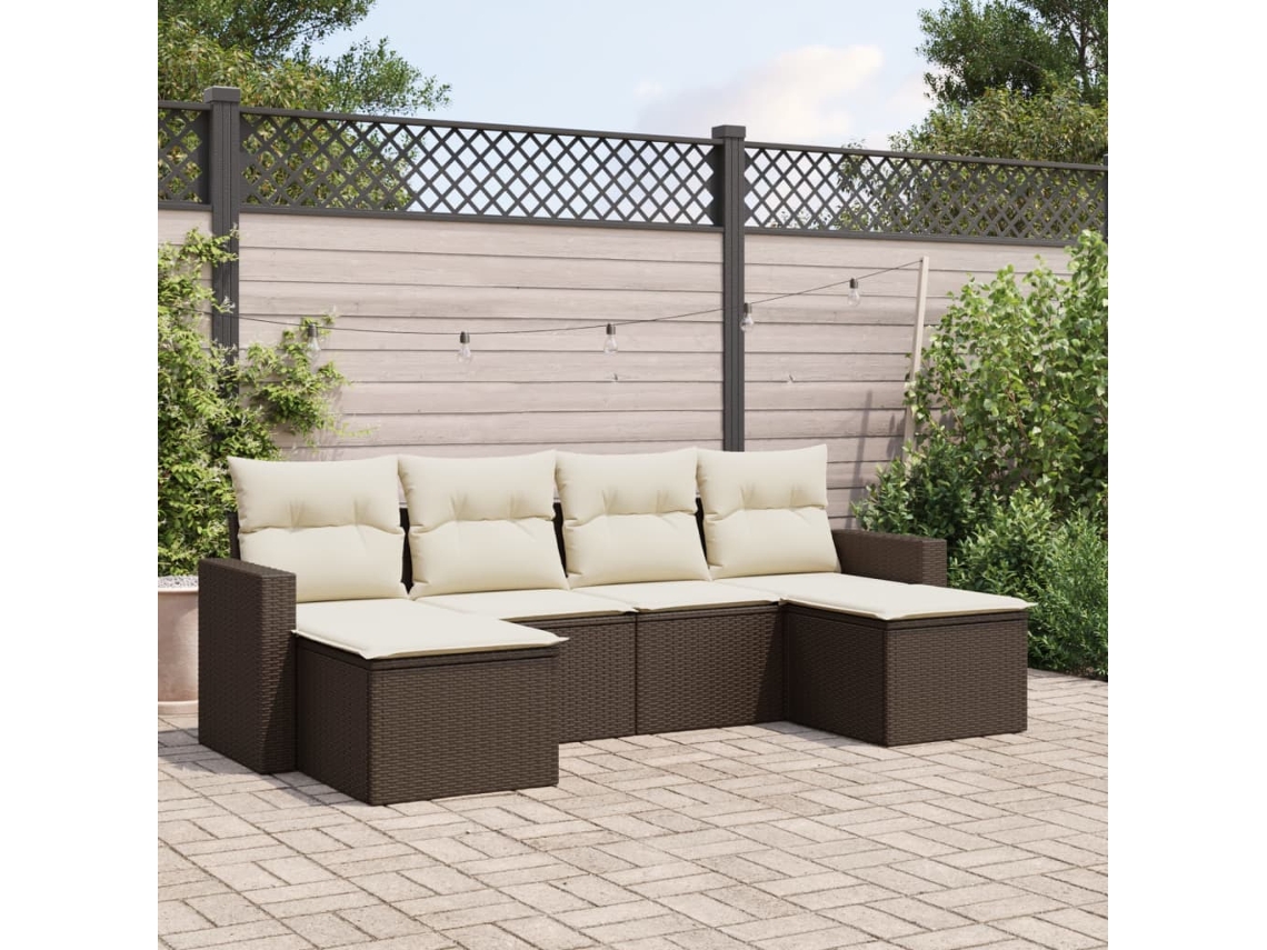 Vidaxl 6 Pcs Conjunto De Sofás Jardim C/ Almofadões Vime Pe Castanho
