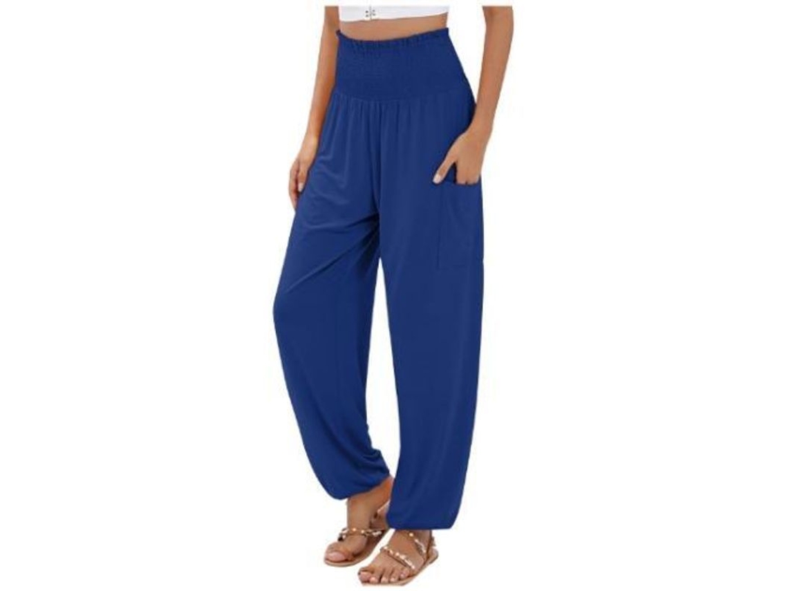 2026 calças Harem para Mulher de Cintura Alta com Bolsos Yoga Boho XL Azul