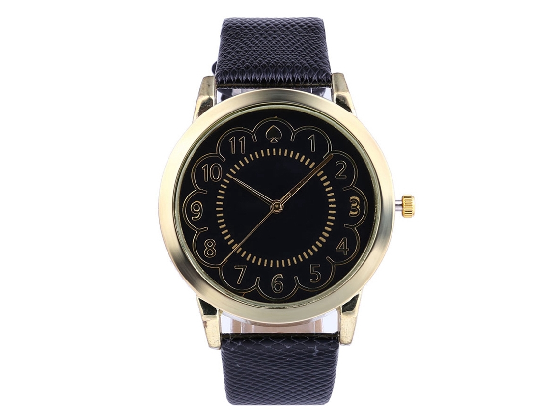 Relógio de pulso masculino com pulseira de couro PU, mostrador redondo, formato de flor, quartzo (preto)