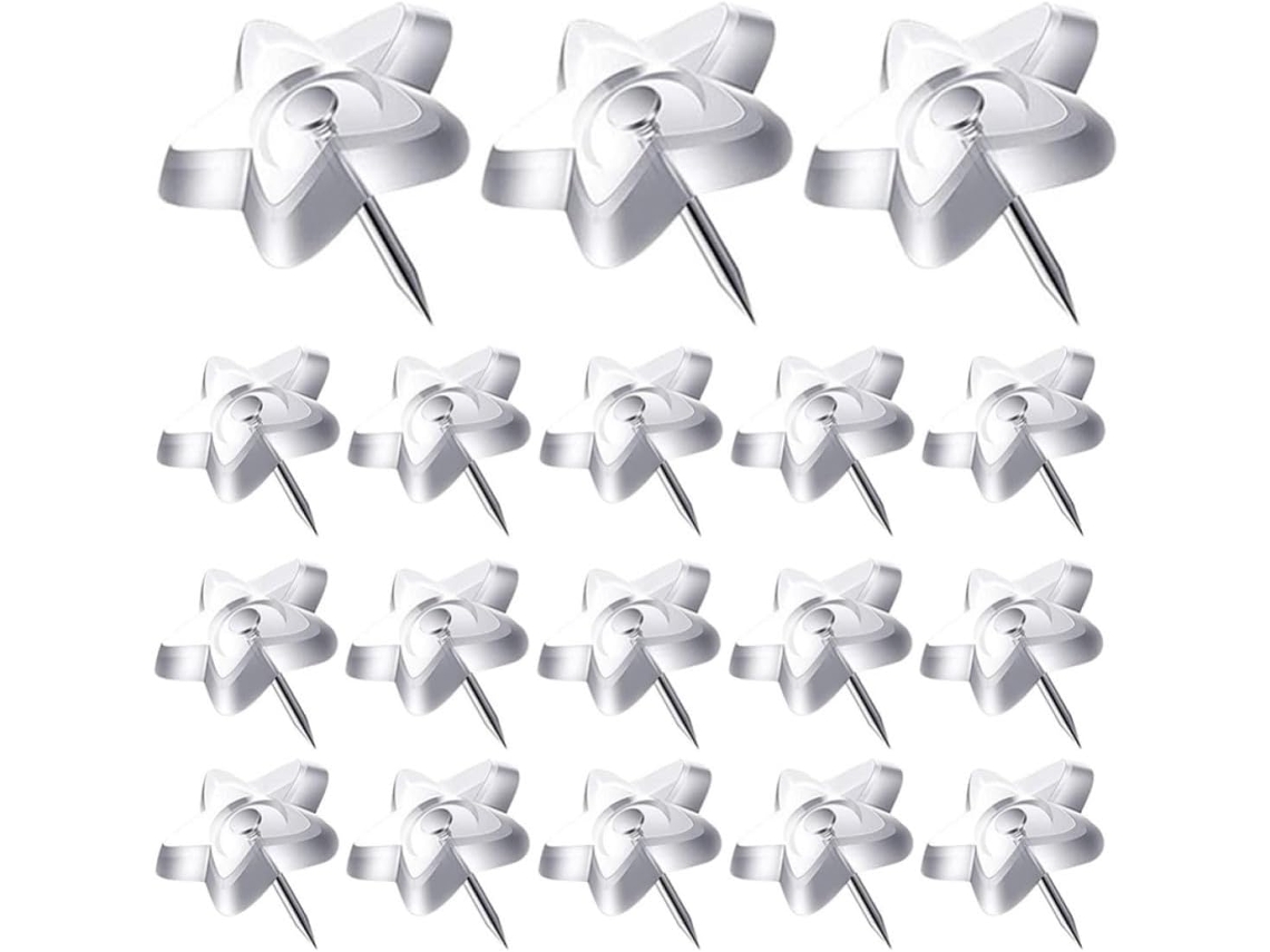 Tachinhas transparentes em formato de estrela com cabeças de plástico resistente, 50 unidades, ideais para decoração e fixação.