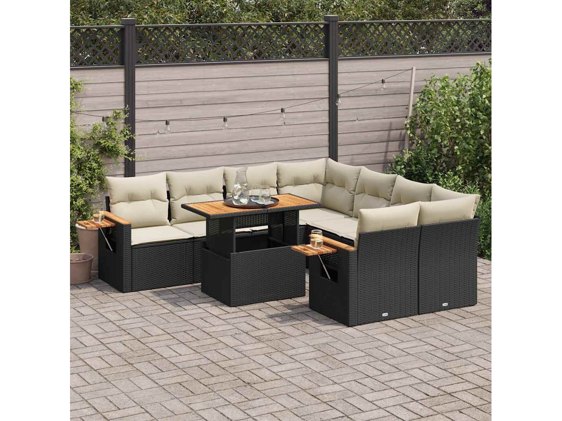 Vidaxl 9 Pcs Conjunto Sofás P/ Jardim Almofadões Vime Pe/acácia Preto