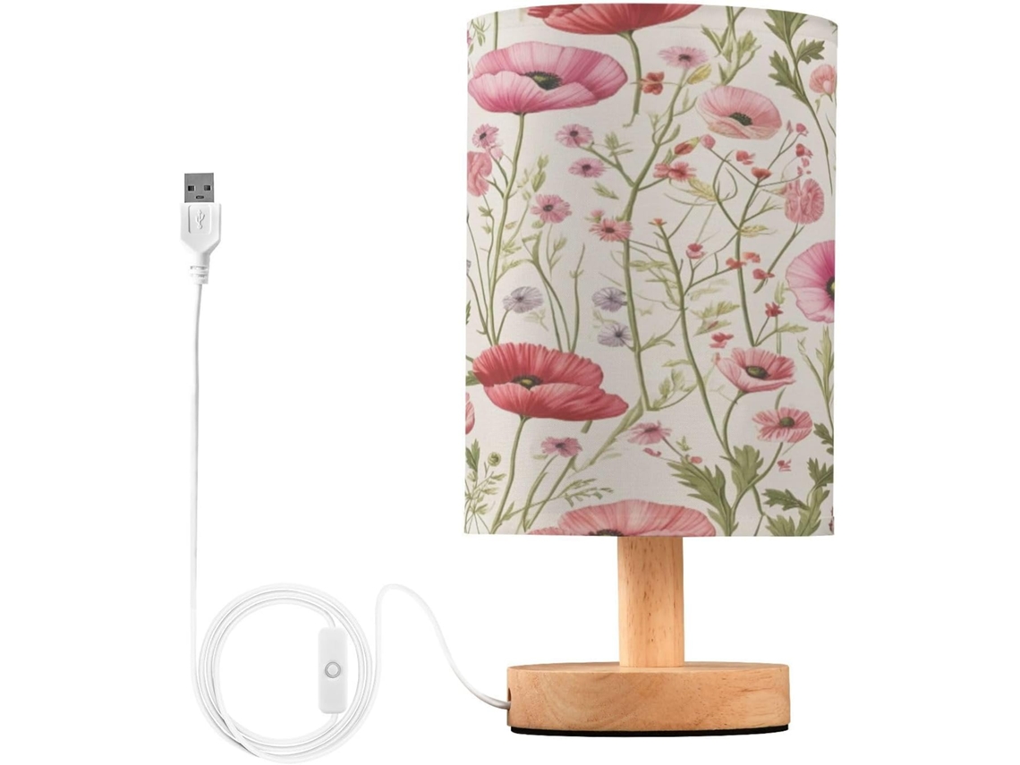 Abajur De Cabeceira Wildflower Para Quarto, Abajur De Cabeceira Led, Luminária De Leitura Com Portas Usb E Cúpula Tecido
