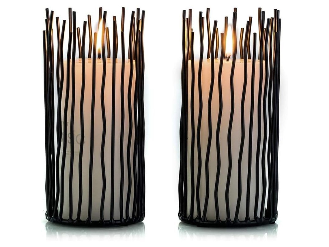 Set De 2 Portavelas De Metal Columnas De Sauce Led Sin Llama Electrónicas, Negro