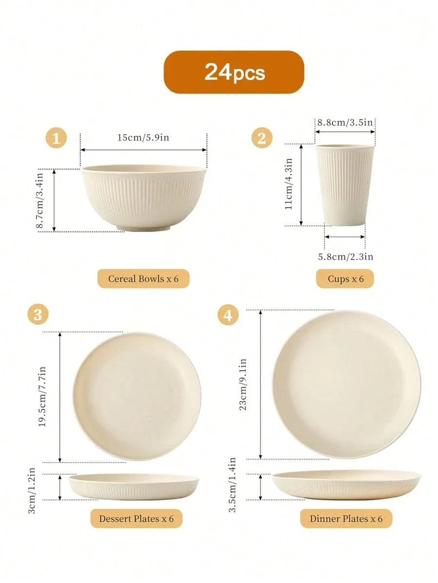 Conjunto De Talheres De Plástico (24 Peças), Incluindo Copos, Pratos E Tigelas Reutilizáveis.