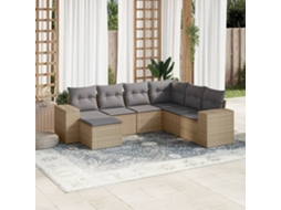 7 Pcs Conjunto De Sofás P/ Jardim Com Almofadões Vime Pe Bege Dkd Home Decor
