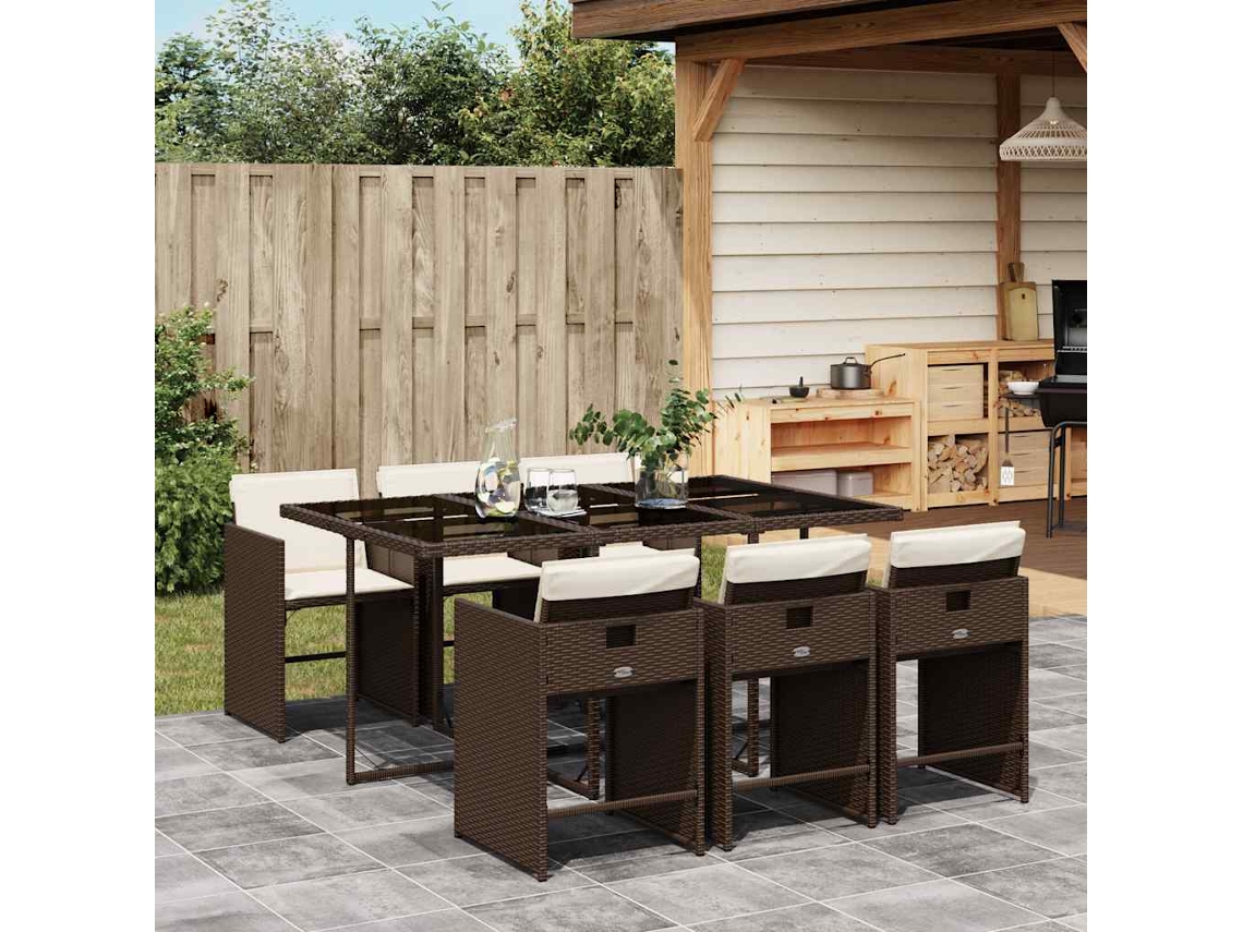 Vidaxl 7 Pcs Conjunto Jantar P/ Jardim C/ Almofadões Vime Pe Castanho