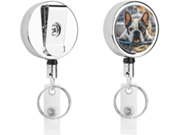 Porta Crachá Bulldog Francês, Compacto E Leve, Retrátil, Em Metal, Com Clipe E Chaveiro Ideal Enfermeiros