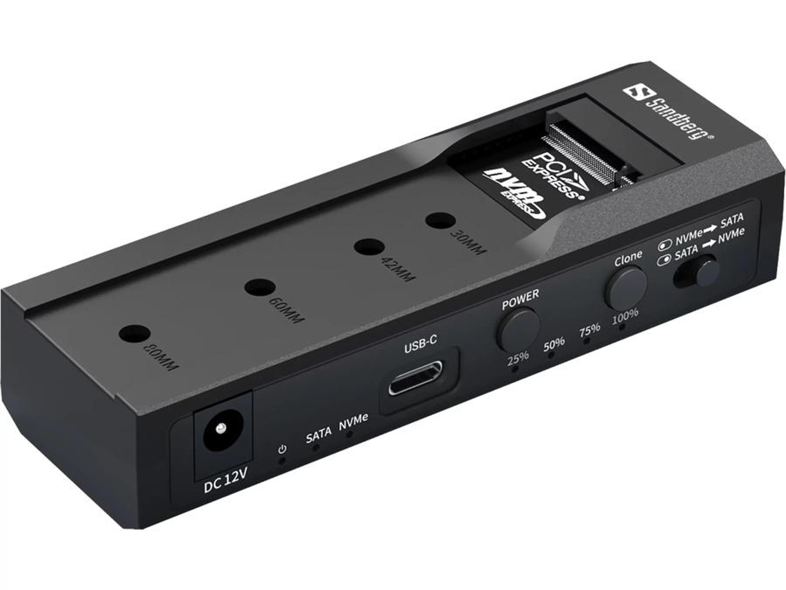 Caixa com ligação USB-C, aceita discos SSD e NVME M.2 SSD 3.5/2.5 SATA, permitindo aceder ao seu conteúdo até 10 Gbps. Permite clonar bidirecionalmente um disco para outro sem ligação a portátil. MacOS e Windows.