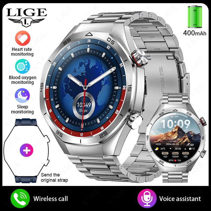 Smartwatch, Chamada Bluetooth, Assistente de Voz, Esporte, Monitoramento da Frequência Cardíaca, 400mah MDUG (prata, Alça de Aço)