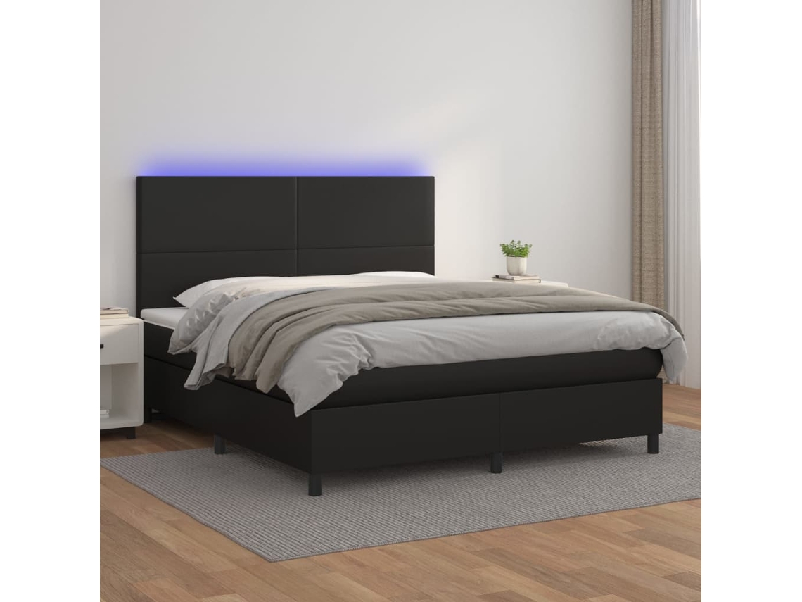 Cama Box Spring C/ Colchão/led 160x200cm Couro Artificial Preto