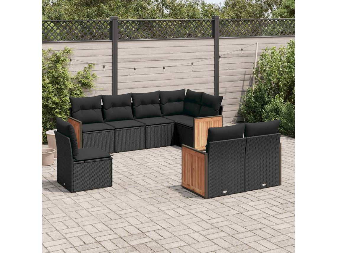 Vidaxl 8 Pcs Conjunto Sofás De Jardim Com Almofadões Vime Pe Preto