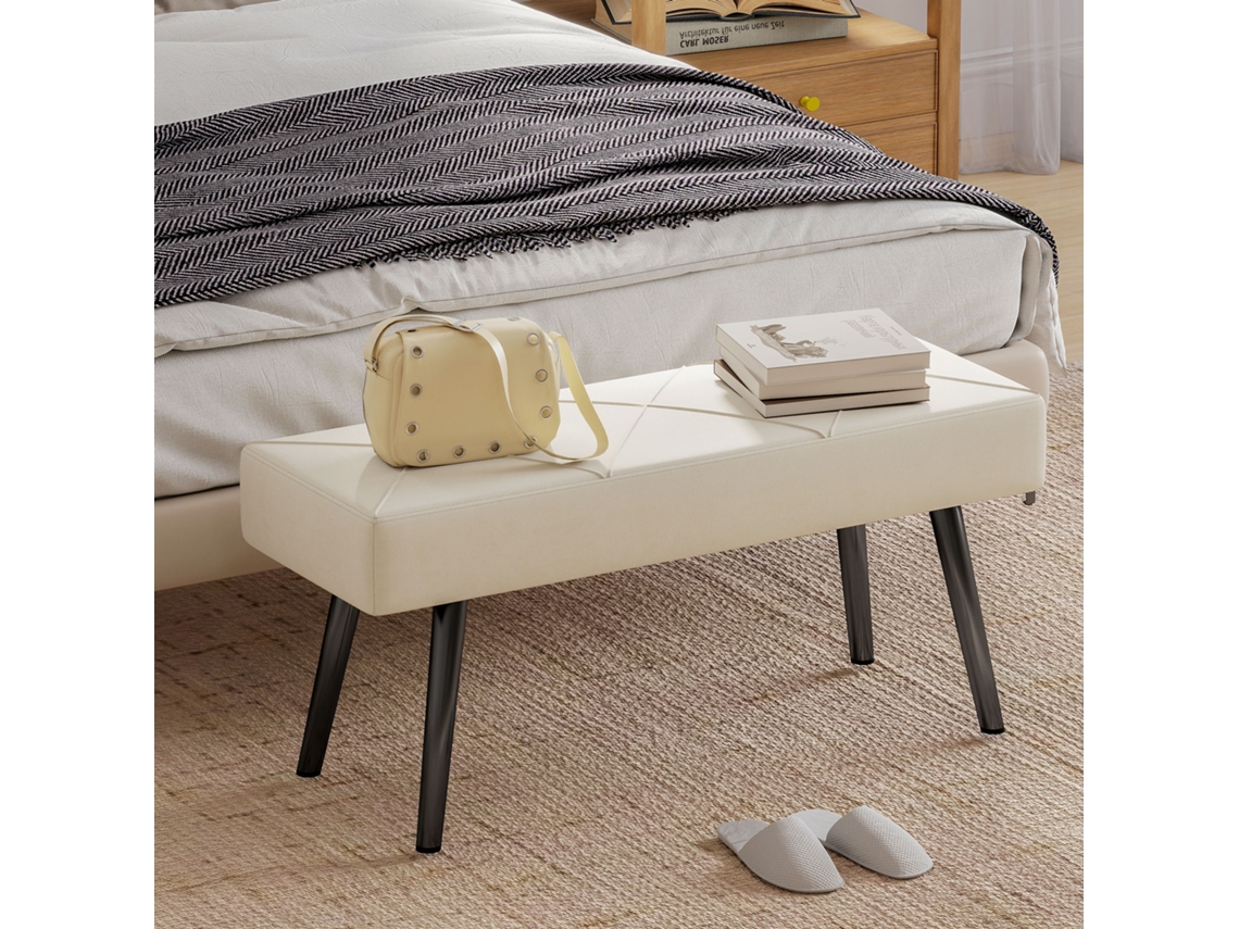 Banco Pé Cama Moderno Multifuncional, Pernas Aço Assento Acolchoado 100x36x45 Cm Creme