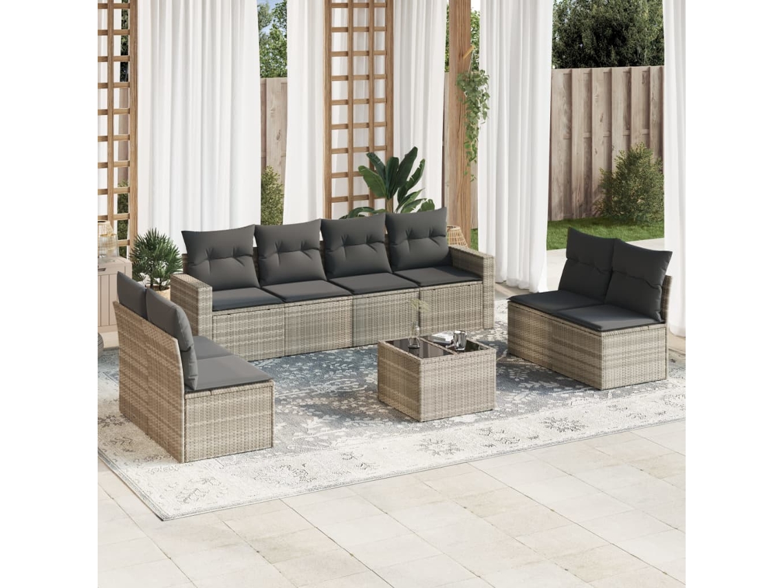 Vidaxl 9 Pcs Conj. Sofás Jardim Com Almofadões Vime Pe Cinzento-claro