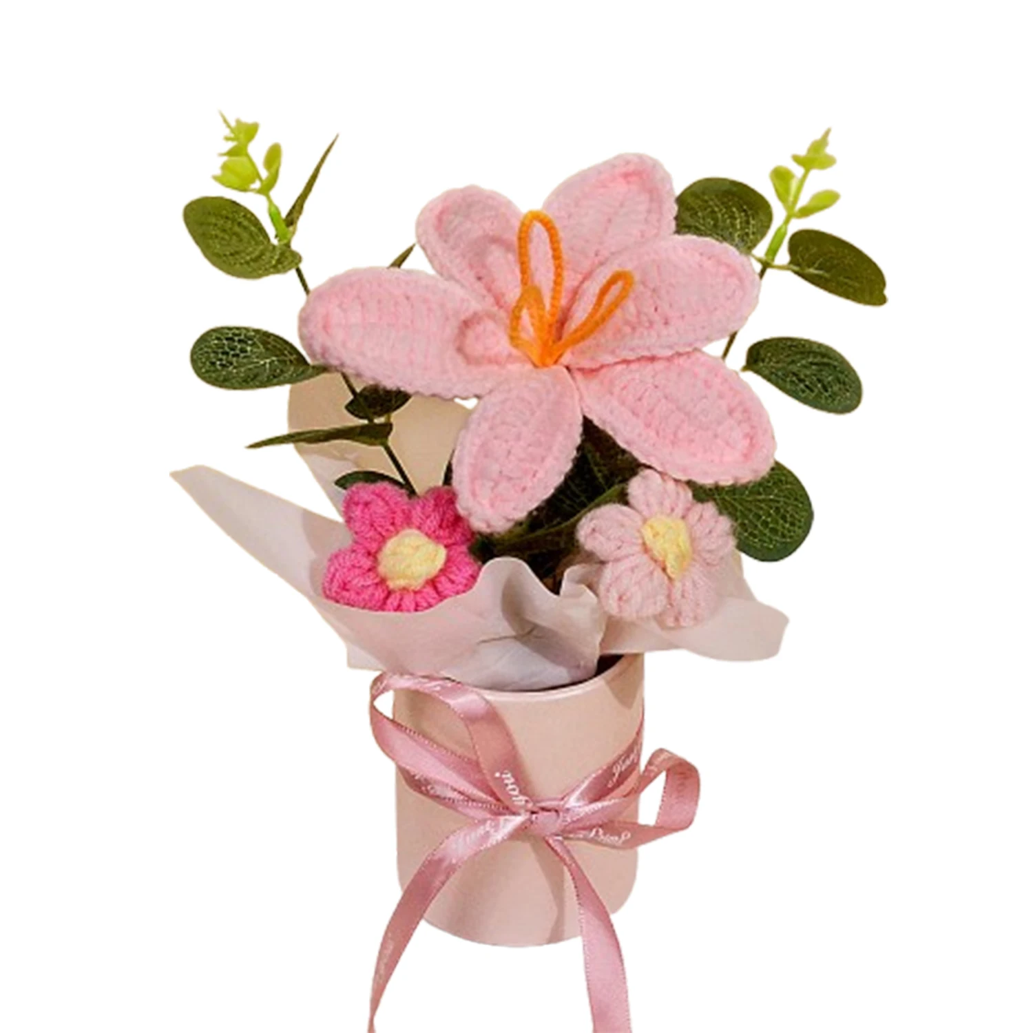 (rosa) Buquê De Tulipas Tricotado À Mão Em Crochê, Ideal Para Decoração De Casa E Para Presentear.