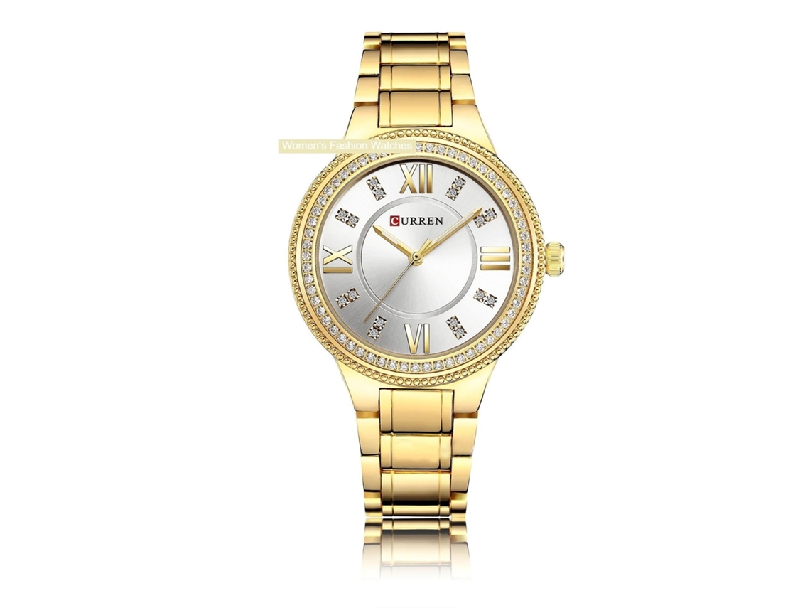 Relógio de Pulso de Quartzo Impermeável em Aço Inoxidável com Diamantes Analógicos para Mulher Concha Dourada Branco