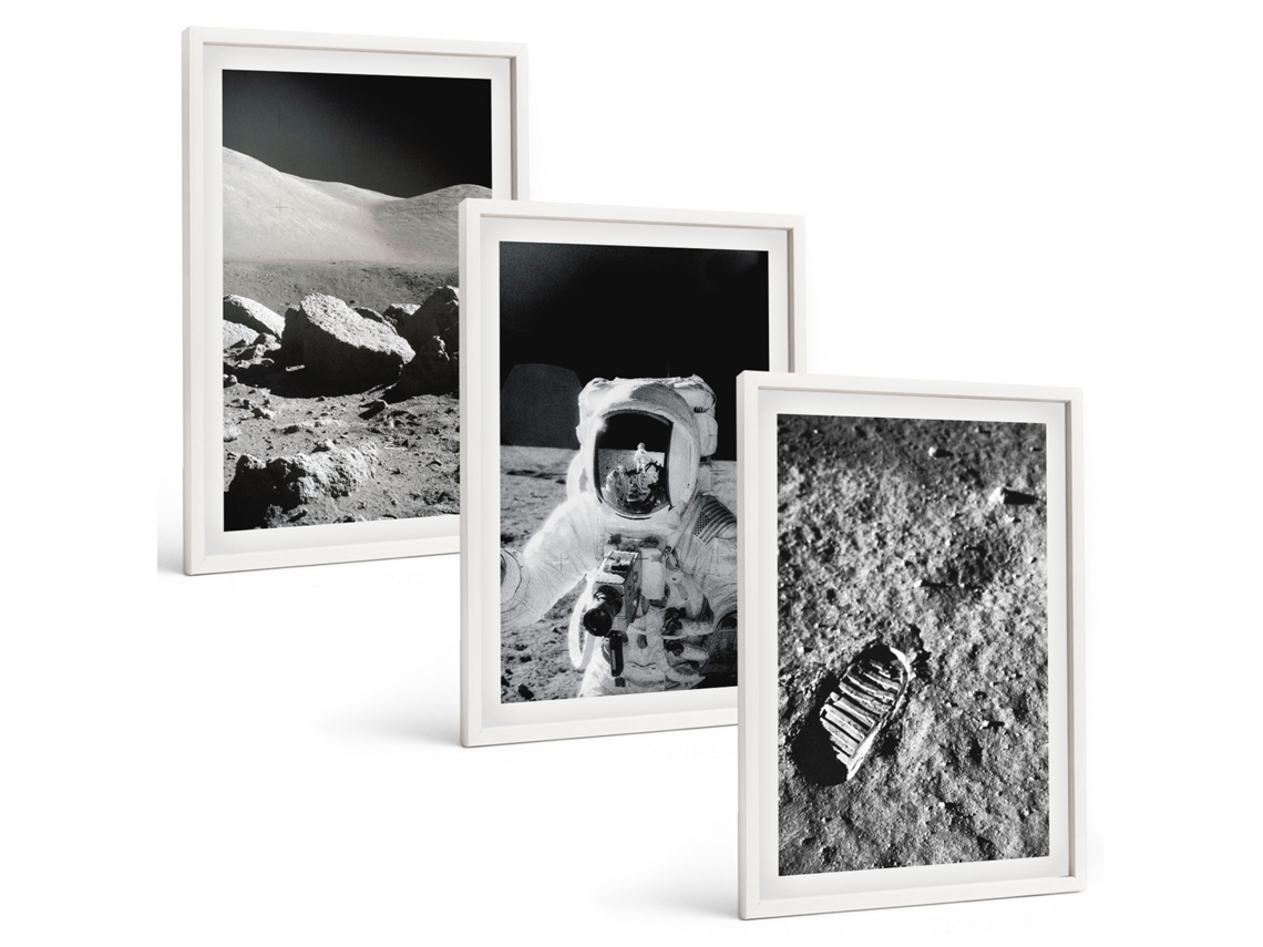 Quadros Decorativos Para Parede Fotos Da Nasa, Lua, Astronauta Moldura Branca Imagens Para Um Quarto Infantil Espelharte (3 Piezas De 40x60 Cm)