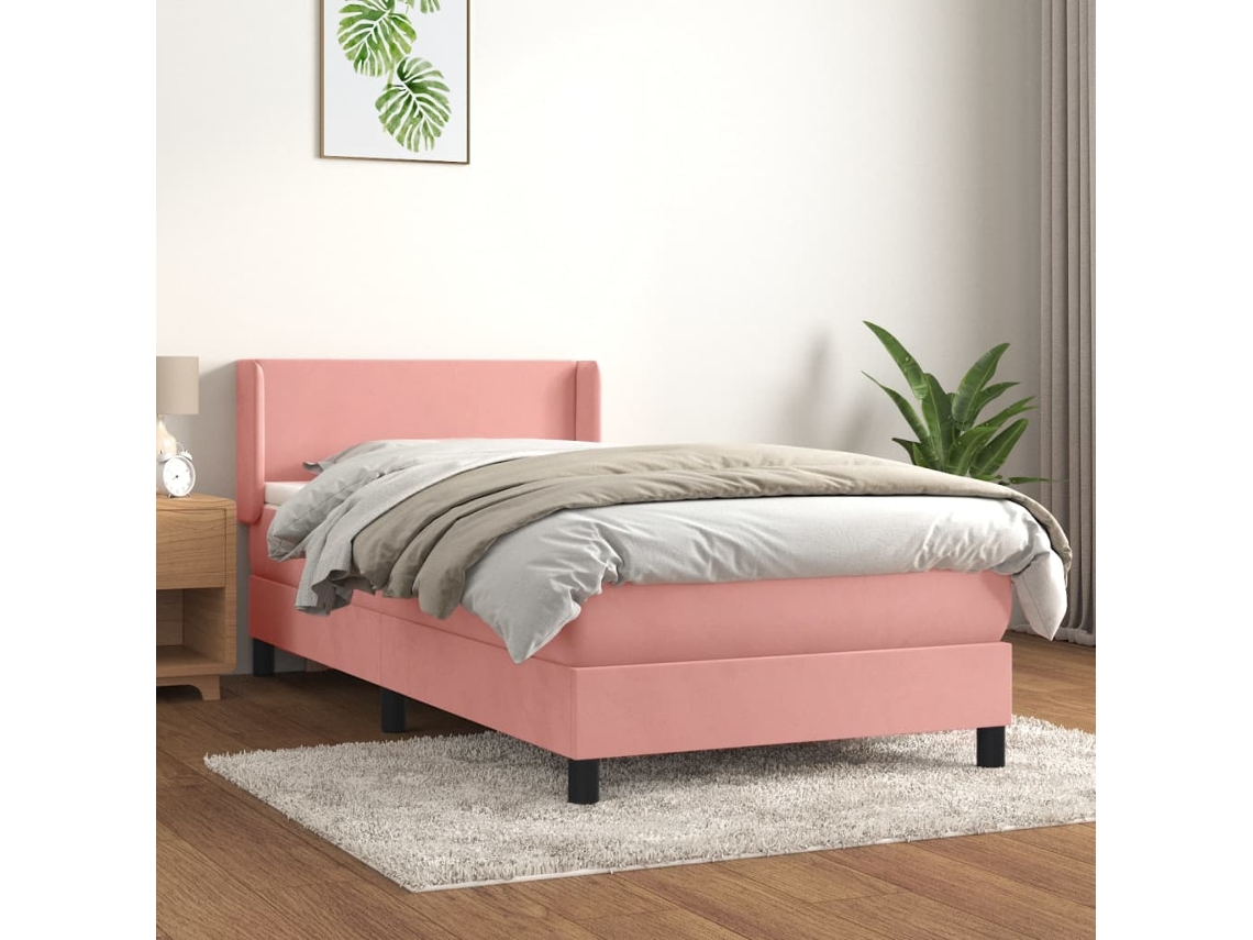 Cama Com Molas/colchão 90x190 Cm Veludo Rosa